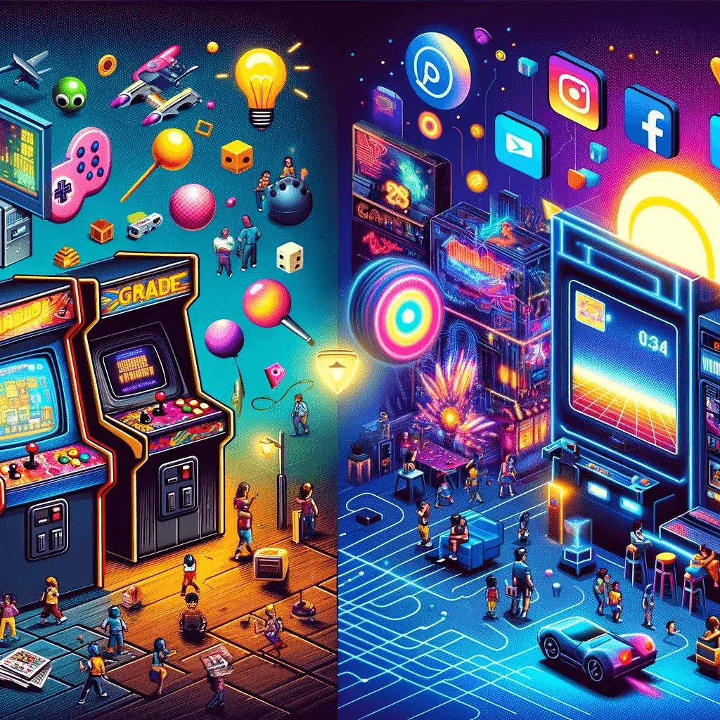 image of the transition from retro style video games and media to the take over of the digital world and social media platforms