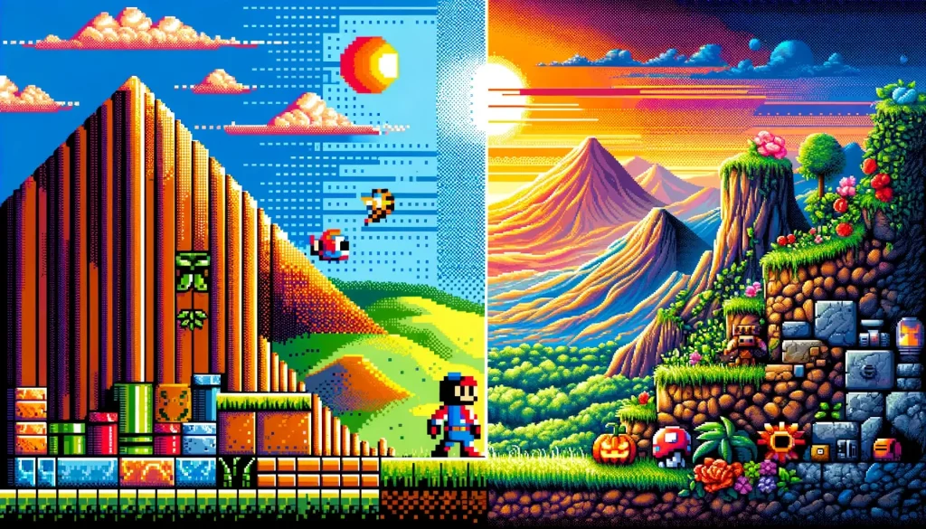 A horizontal split-view image contrasting an 8-bit video game landscape on the left with a modern, detailed pixel art scene on the right, showcasing the evolution from simple to intricate designs in pixel art.