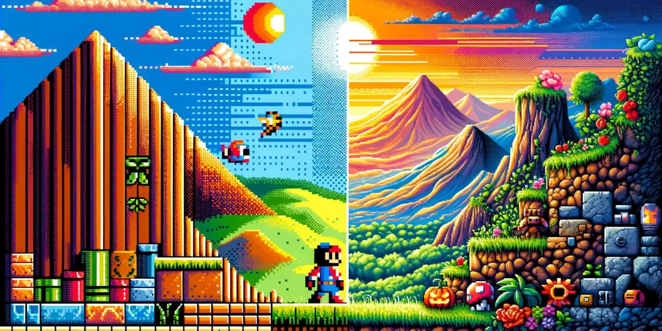 A horizontal split-view image contrasting an 8-bit video game landscape on the left with a modern, detailed pixel art scene on the right, showcasing the evolution from simple to intricate designs in pixel art.