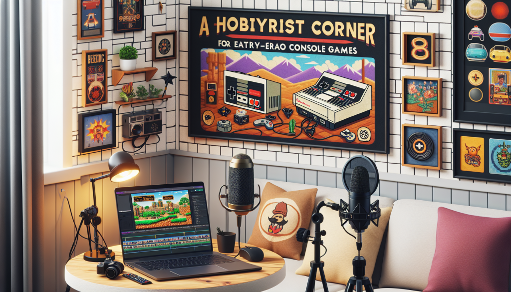 Content creation corner for retro gaming with editing software on a laptop.