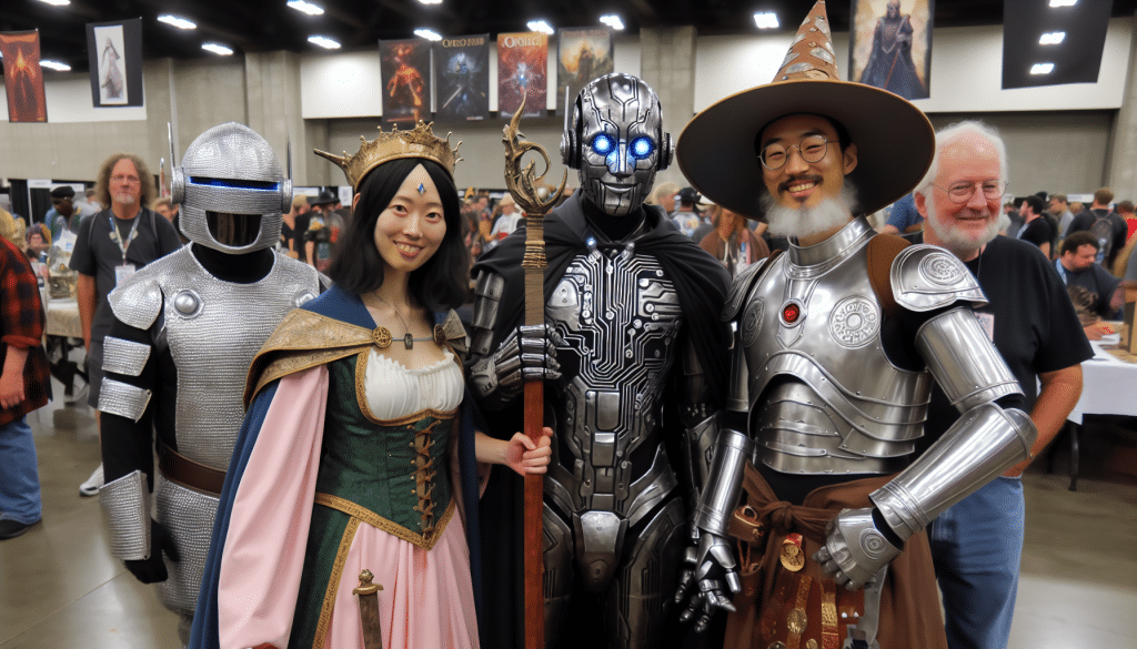 Cosplayers at a convention, creatively dressed as video game characters.