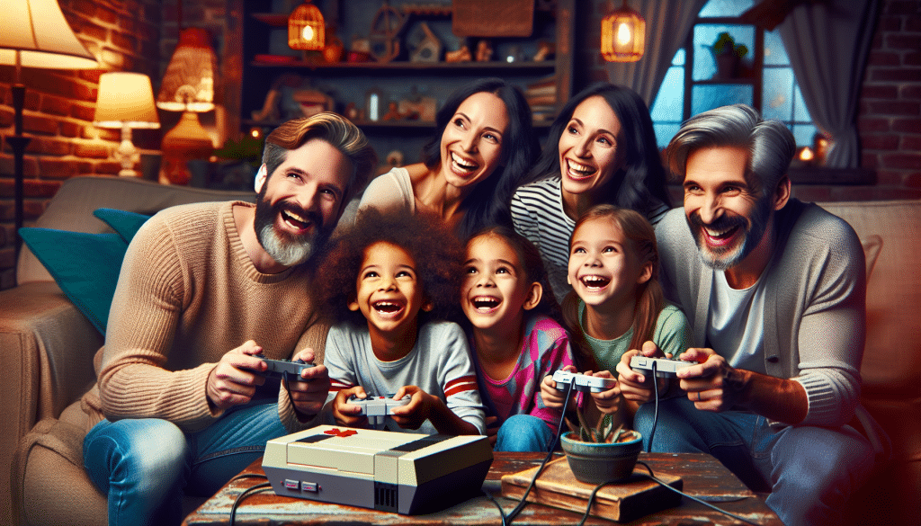 Family playing a classic game together in a living room full of retro gear.