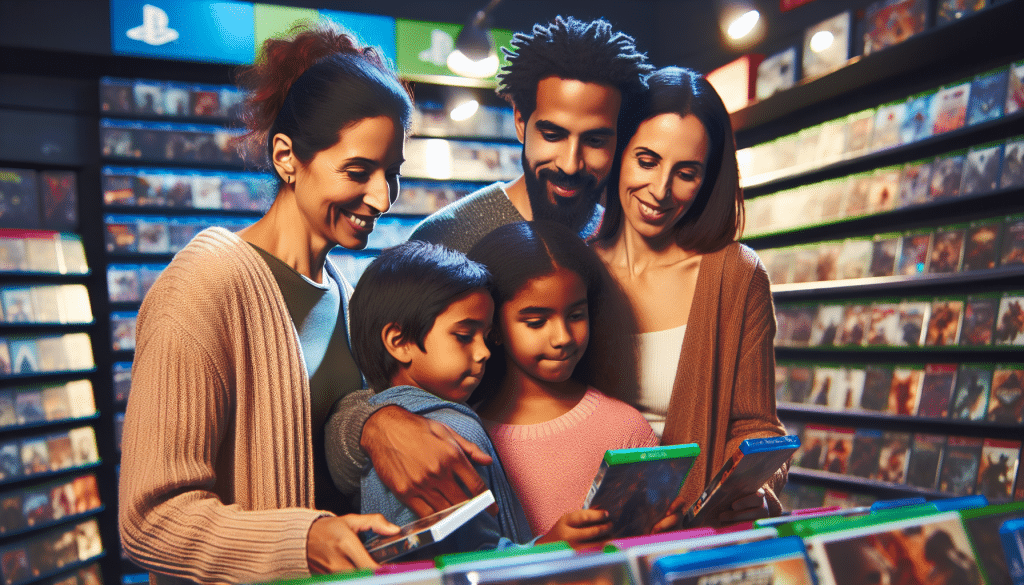 Parents and children selecting family-friendly games together.