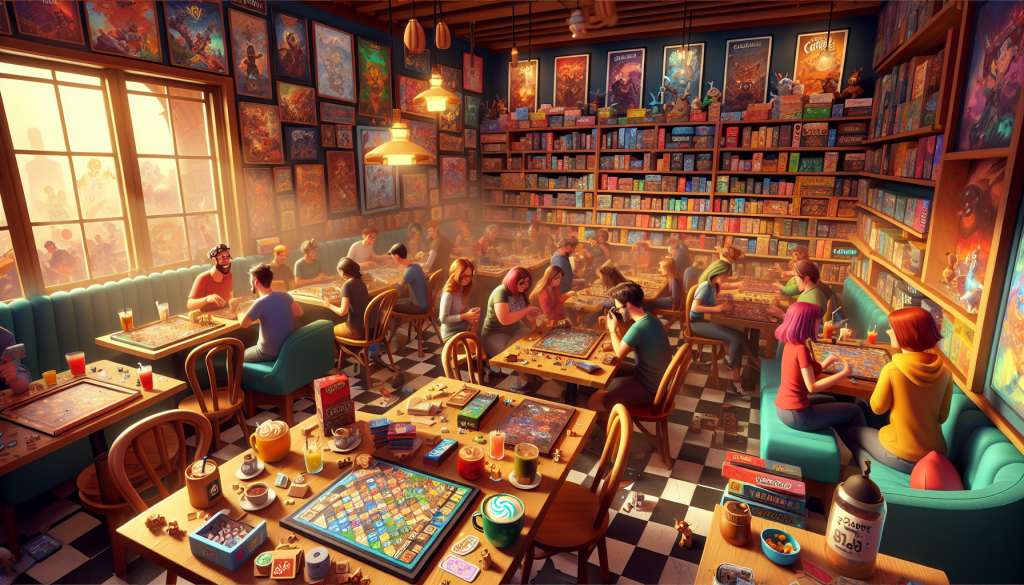 Cozy game-themed café with patrons enjoying themed drinks and games.