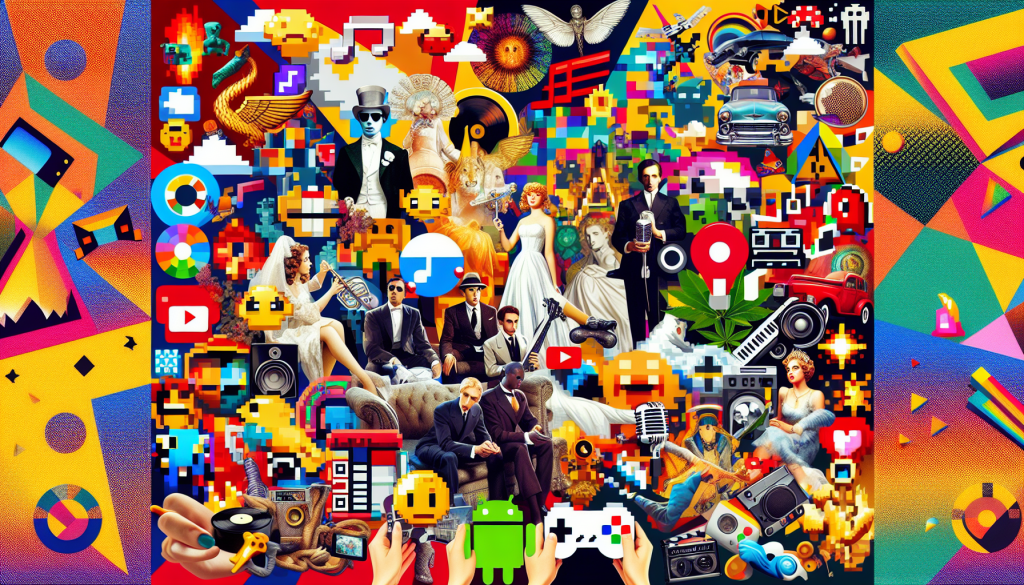 Montage of video games' impact on pop culture with game-inspired art and fashion.