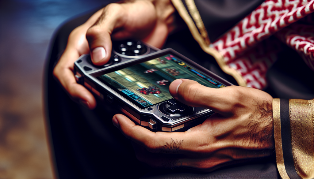 Hands playing on handheld console.