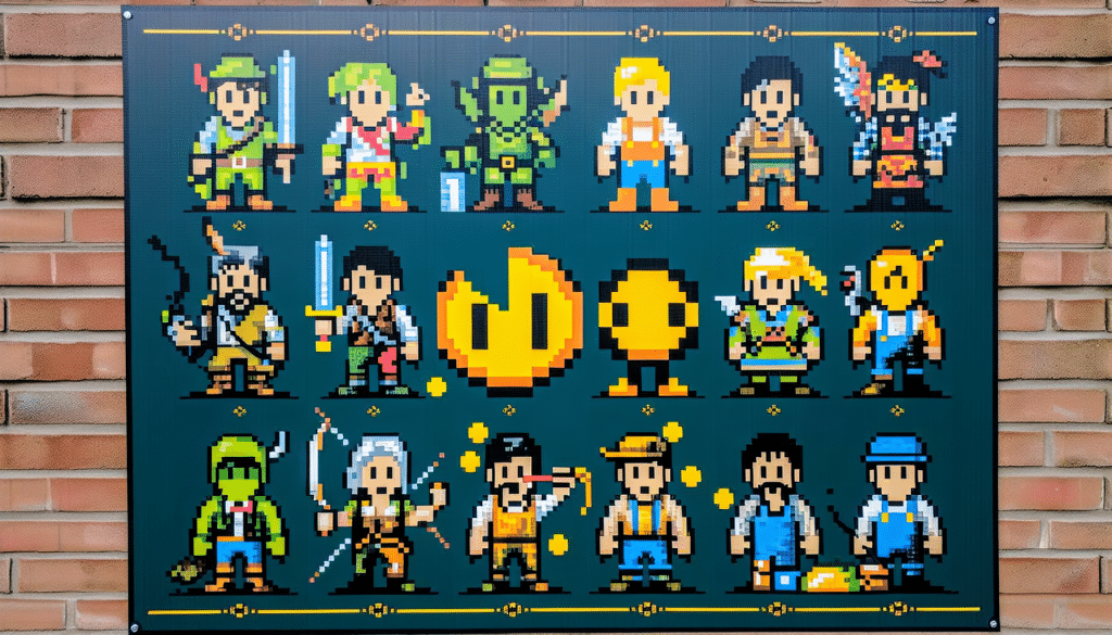 Digital canvas showcasing pixel art of iconic game characters.