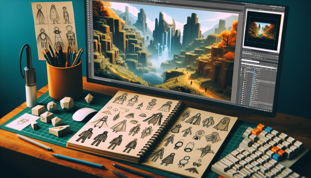 Designing a retro-inspired video game with concept art and development software.