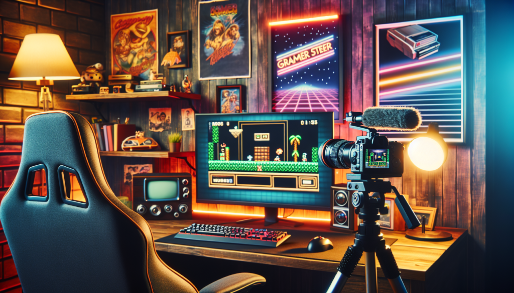 Retro gaming streaming setup with broadcasting equipment and classic decor.