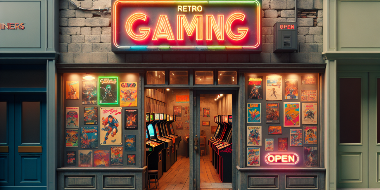 Retro gaming store facade with neon sign.