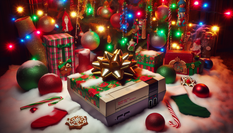 Gift-wrapped retro gaming console.