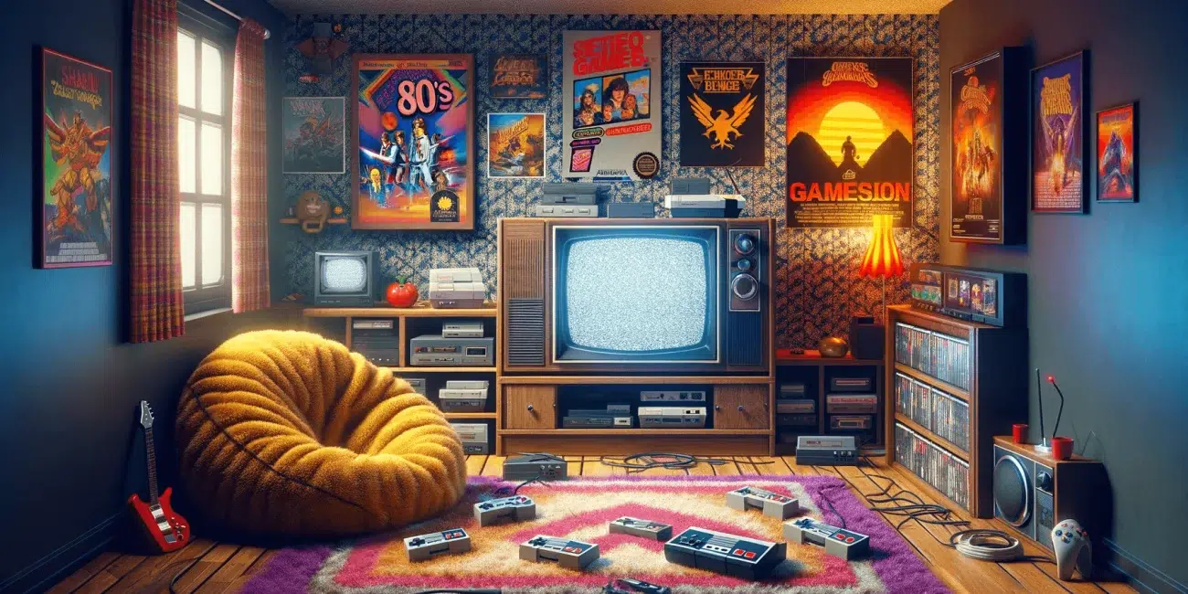 An image of retro video game consoles in a room and a tv playing an old looking video game