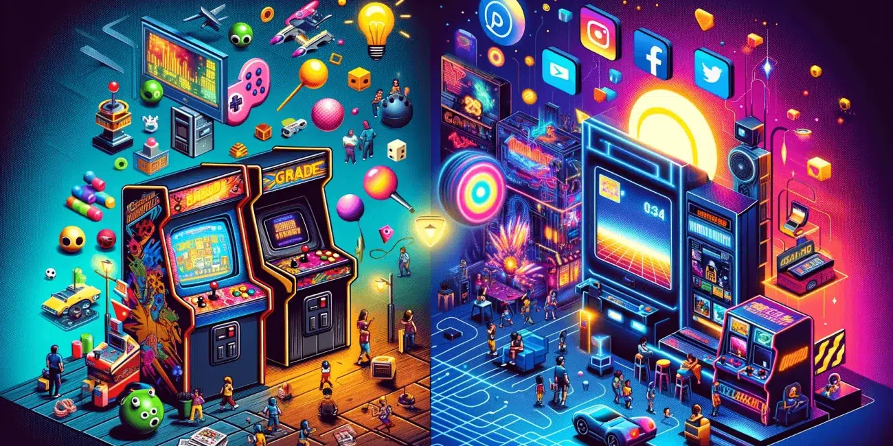 image of the transition from retro style video games and media to the take over of the digital world and social media platforms