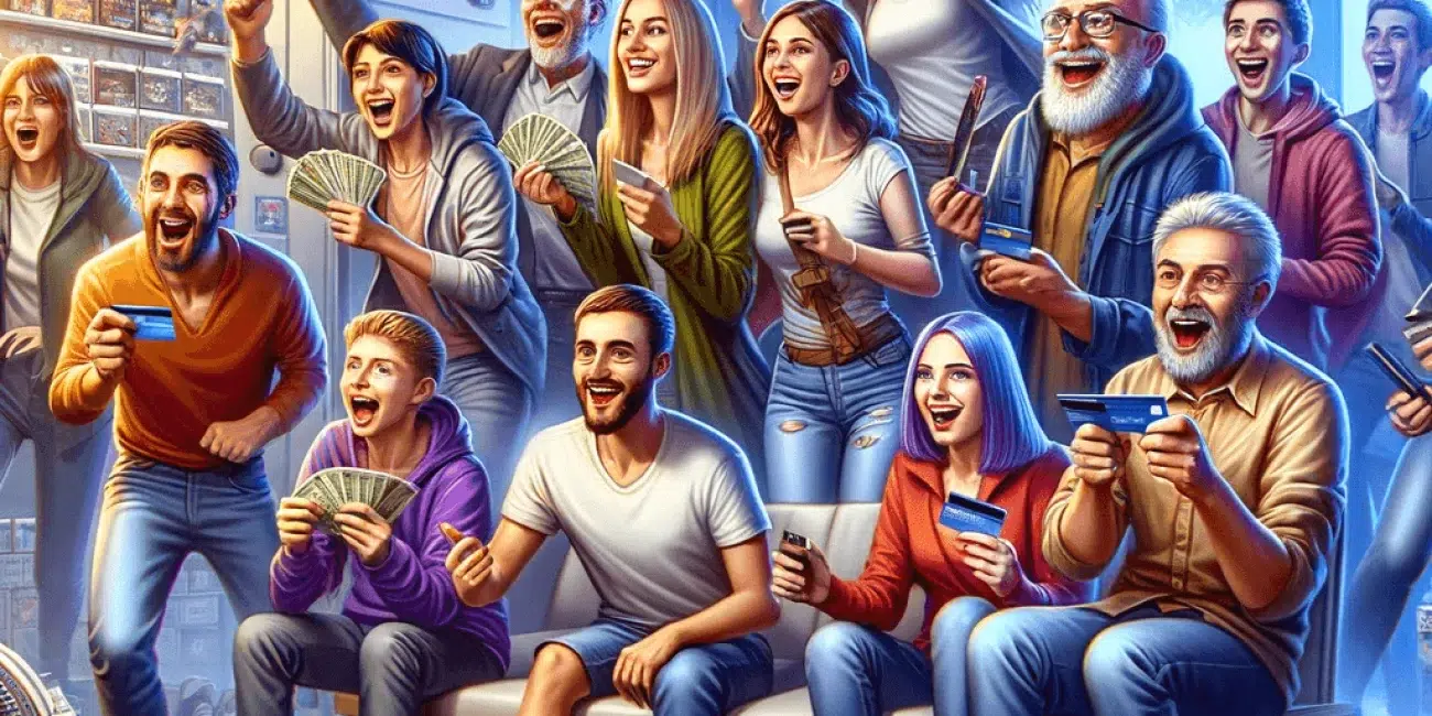 a visual image to show people eagerly throwing money at a product they want