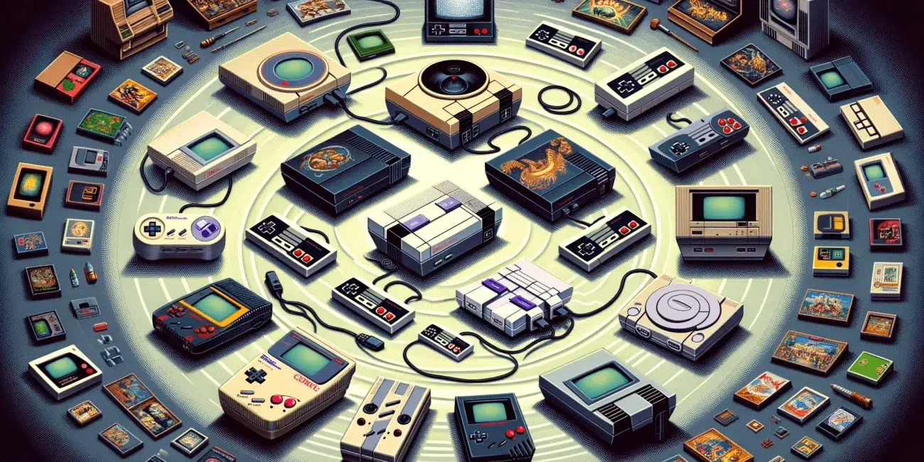 blog post image of all types of retro video game consoles in a circle from smallest to largest