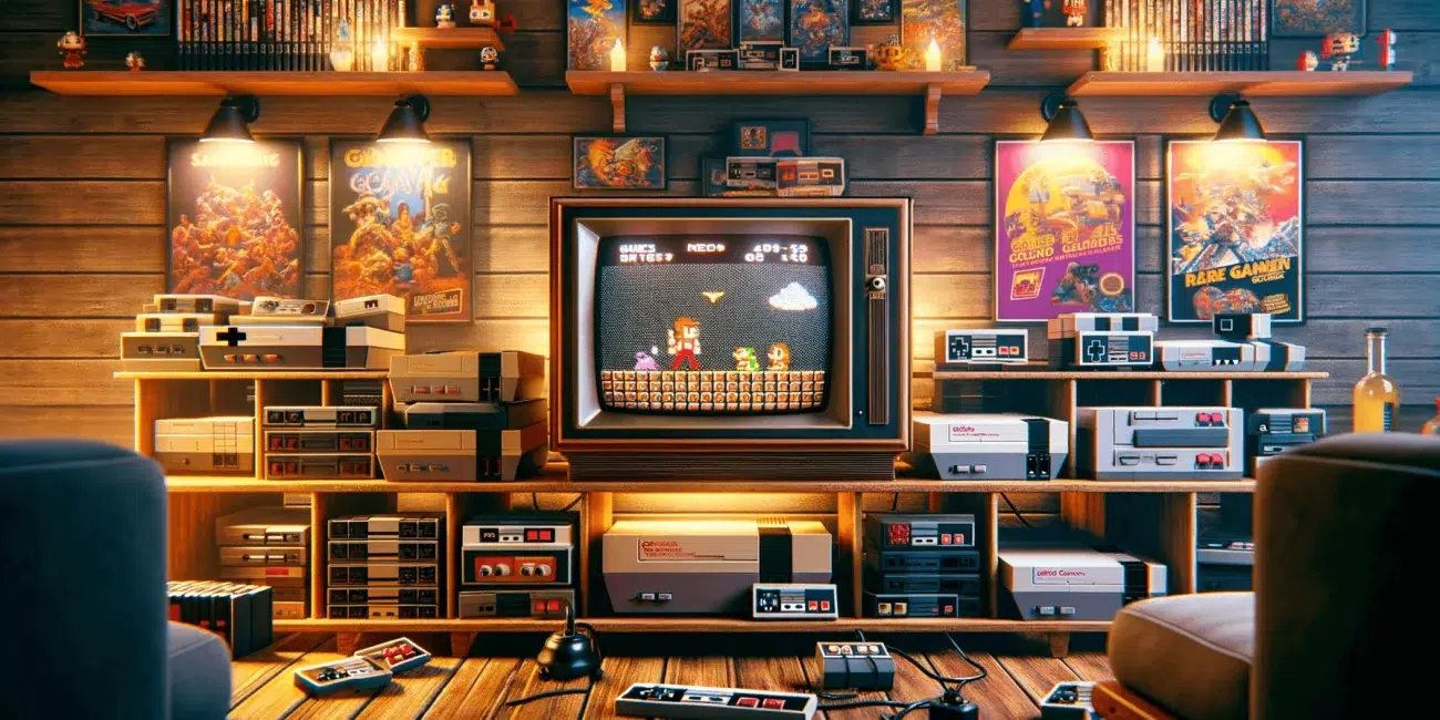 An image of retro video game consoles in a room and a tv playing an old looking video game