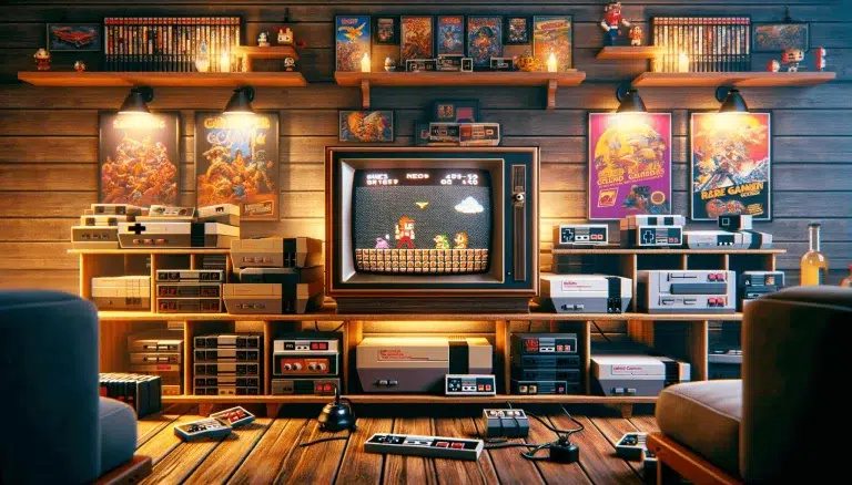 An image of retro video game consoles in a room and a tv playing an old looking video game