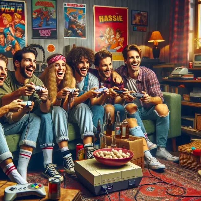 A group of friends gathered around a couch, holding game controllers and laughing together, symbolizing local co-op gaming memories
