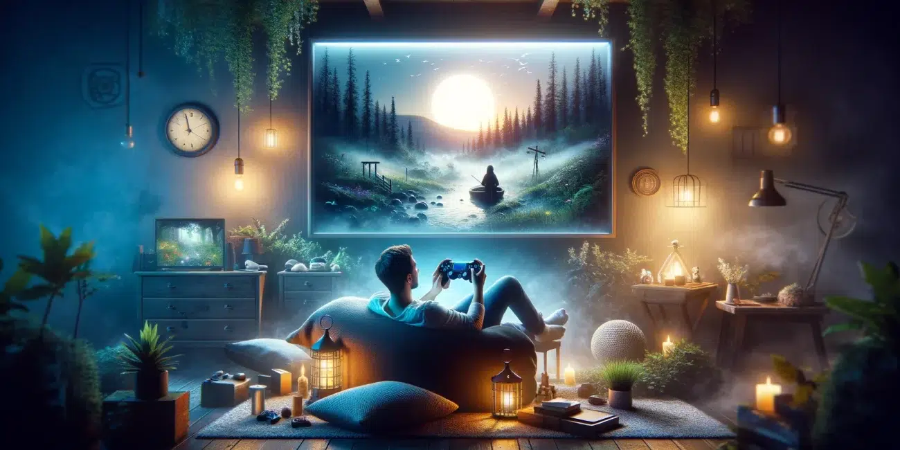 A serene scene of a gamer relaxing with a controller, surrounded by calming imagery, highlighting gaming's therapeutic benefits.