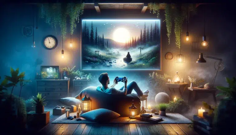 A serene scene of a gamer relaxing with a controller, surrounded by calming imagery, highlighting gaming's therapeutic benefits.