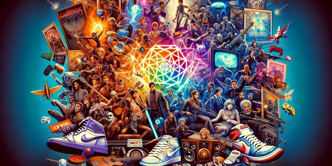 A collage of gaming icons and pop culture references, showcasing gaming's influence on fashion, movies, and music.