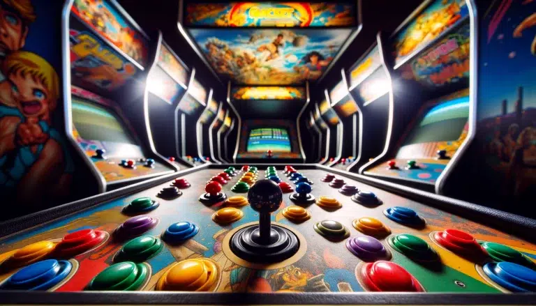 A close-up view of a vintage arcade cabinet with colorful buttons and a joystick.