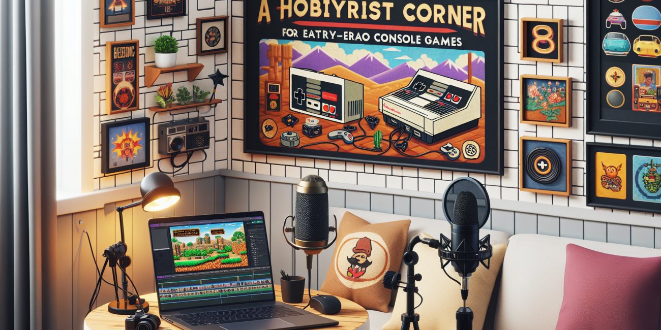 Content creation corner for retro gaming with editing software on a laptop.