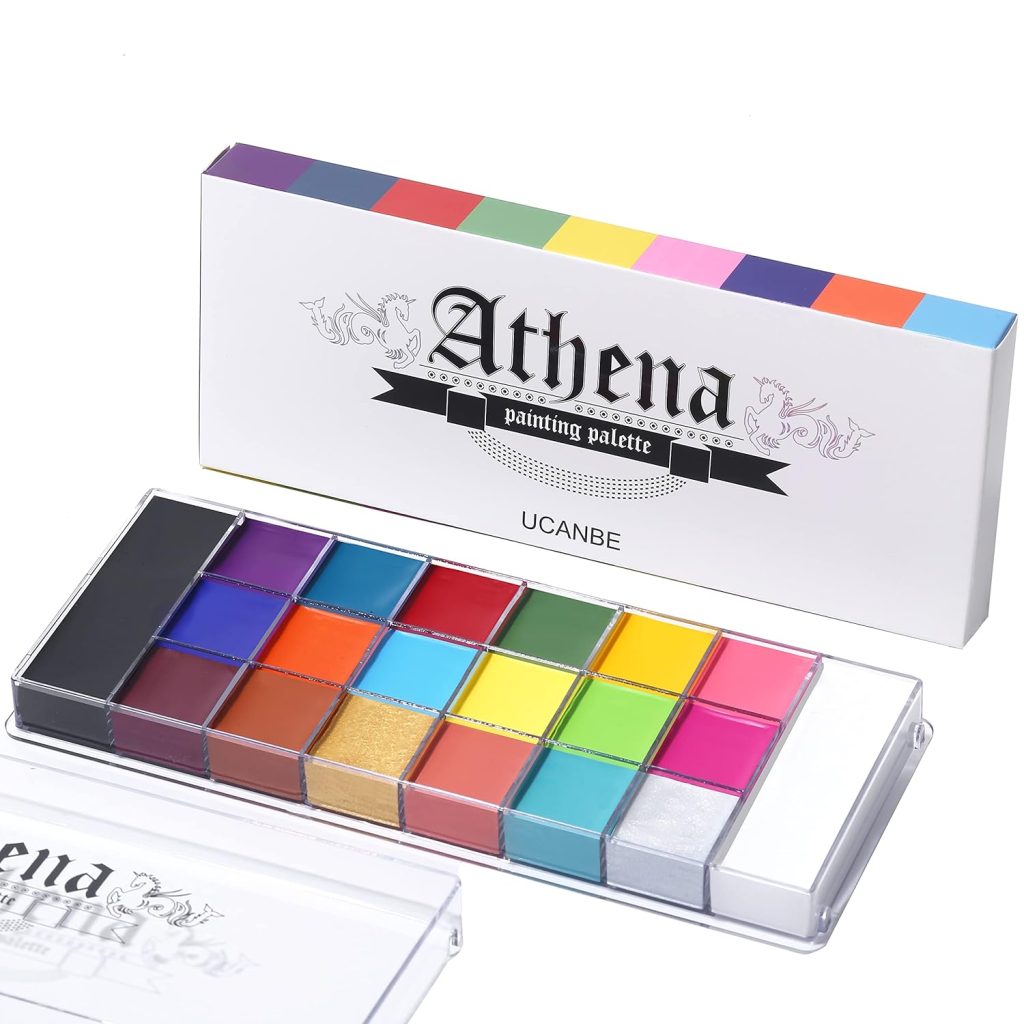 UCANBE Athena Face & Body Paint Palette with 20 vibrant shades for creative makeup and special effects.