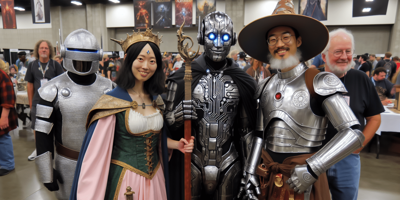 Cosplayers at a convention, creatively dressed as video game characters.
