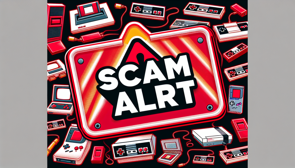 Red warning sign "Scam Alert" over consoles.