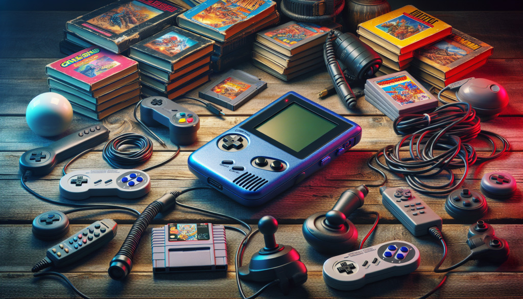 Retro gaming handheld device with accessories.