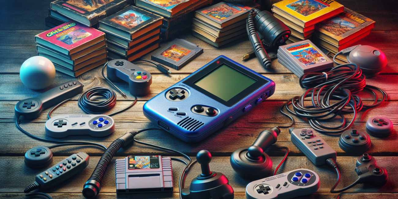 Retro gaming handheld device with accessories.