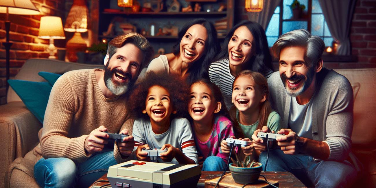 Family playing a classic game together in a living room full of retro gear.