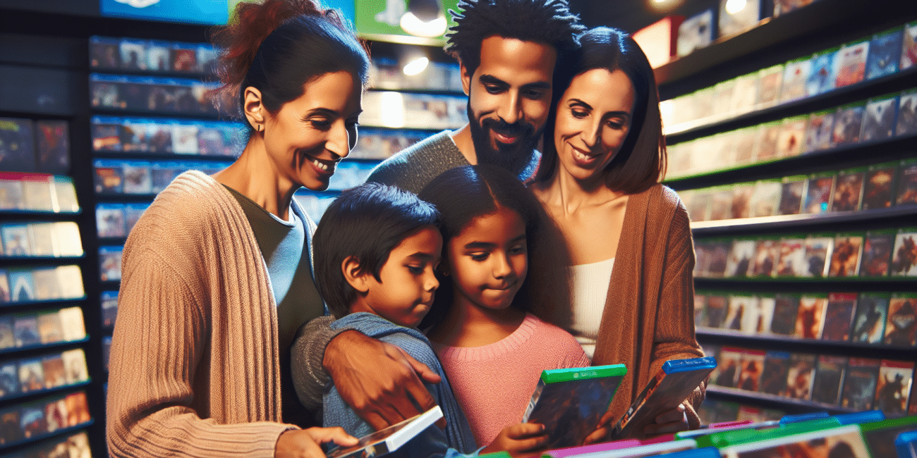 Parents and children selecting family-friendly games together.