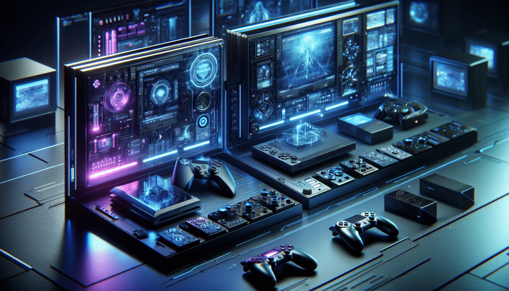 Concept art imagining the future of gaming consoles and technology.