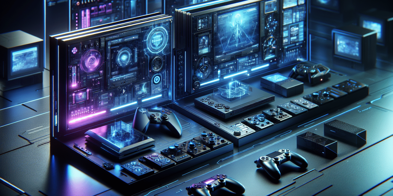 Concept art imagining the future of gaming consoles and technology.