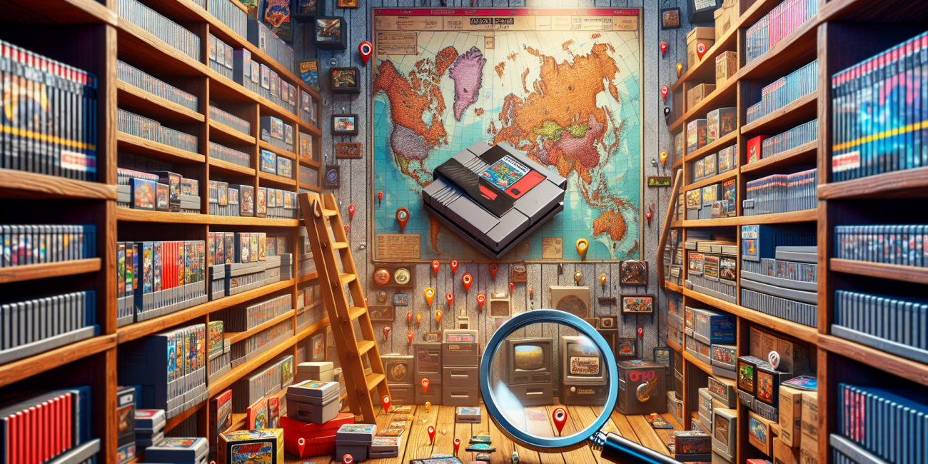 Collector's dream scene with shelves of mint condition retro video games.