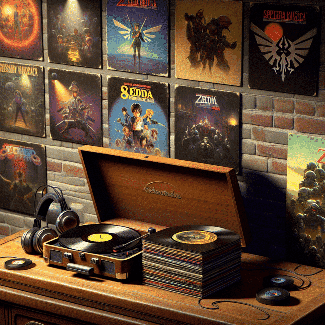 Vinyl records of iconic video game soundtracks with a record player setup.