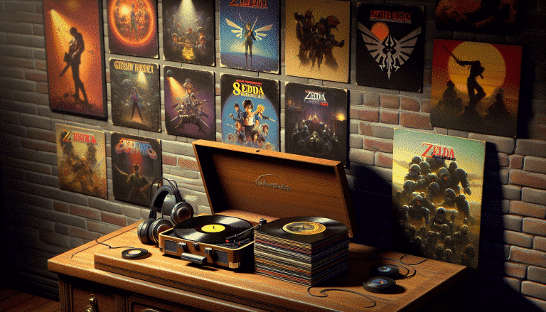 Vinyl records of iconic video game soundtracks with a record player setup.