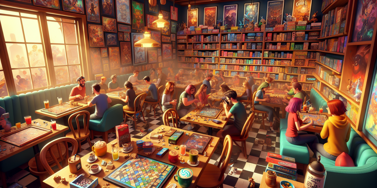Cozy game-themed café with patrons enjoying themed drinks and games.