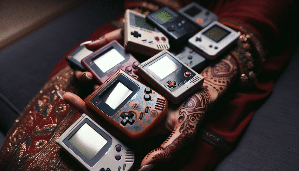 Hands holding bundle of retro handhelds.