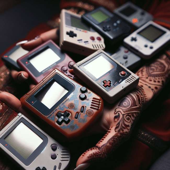 Hands holding bundle of retro handhelds.