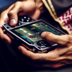 Hands playing on handheld console.