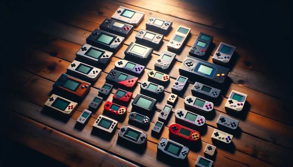 Handheld retro gaming consoles on table.