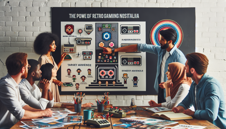 Creative team brainstorming retro gaming nostalgia in marketing campaigns.