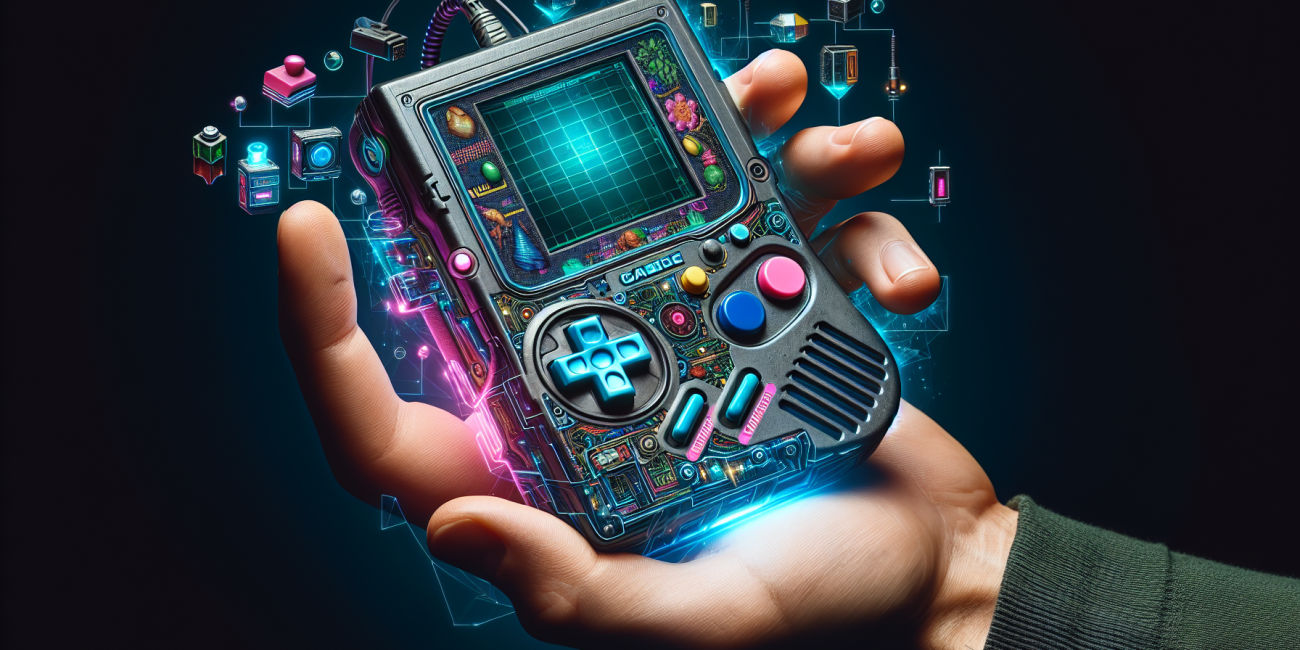 Hand holding futuristic handheld gaming device.
