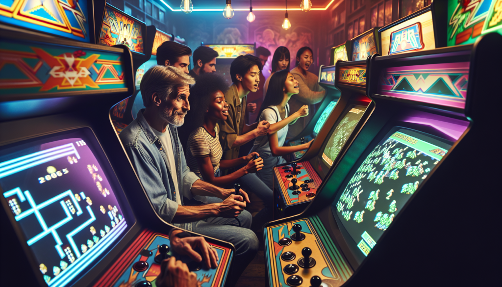 People playing retro arcade games.