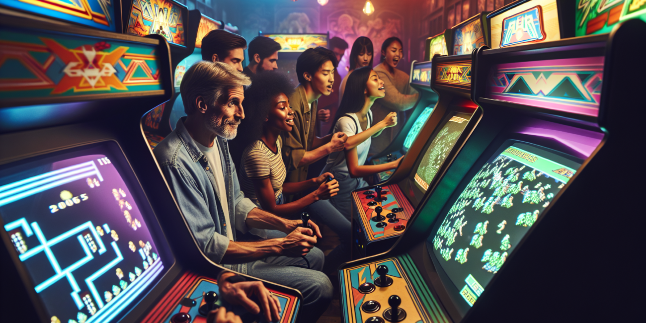 People playing retro arcade games.