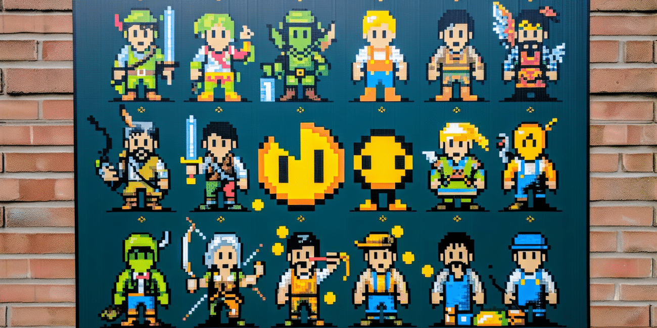 Digital canvas showcasing pixel art of iconic game characters.