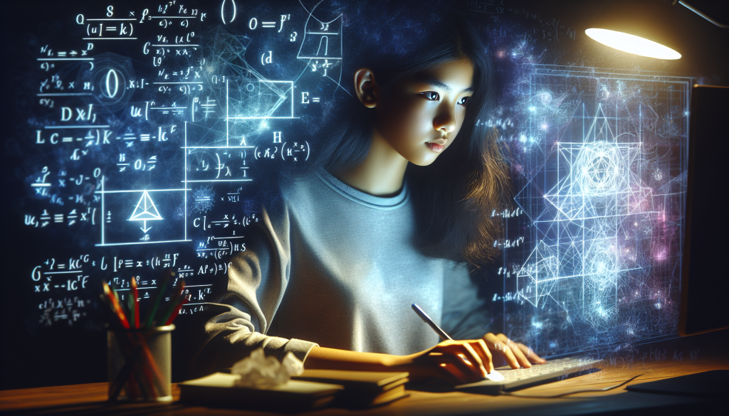 A young student solving a complex puzzle within a video game, surrounded by mathematical equations.